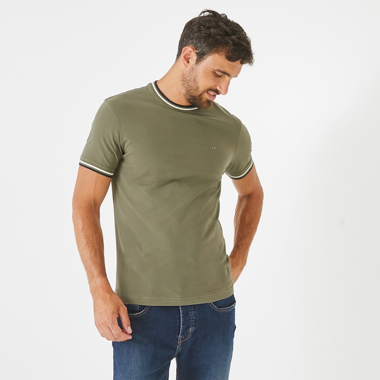 T-shirt kaki en coton stretch à détails bicolores