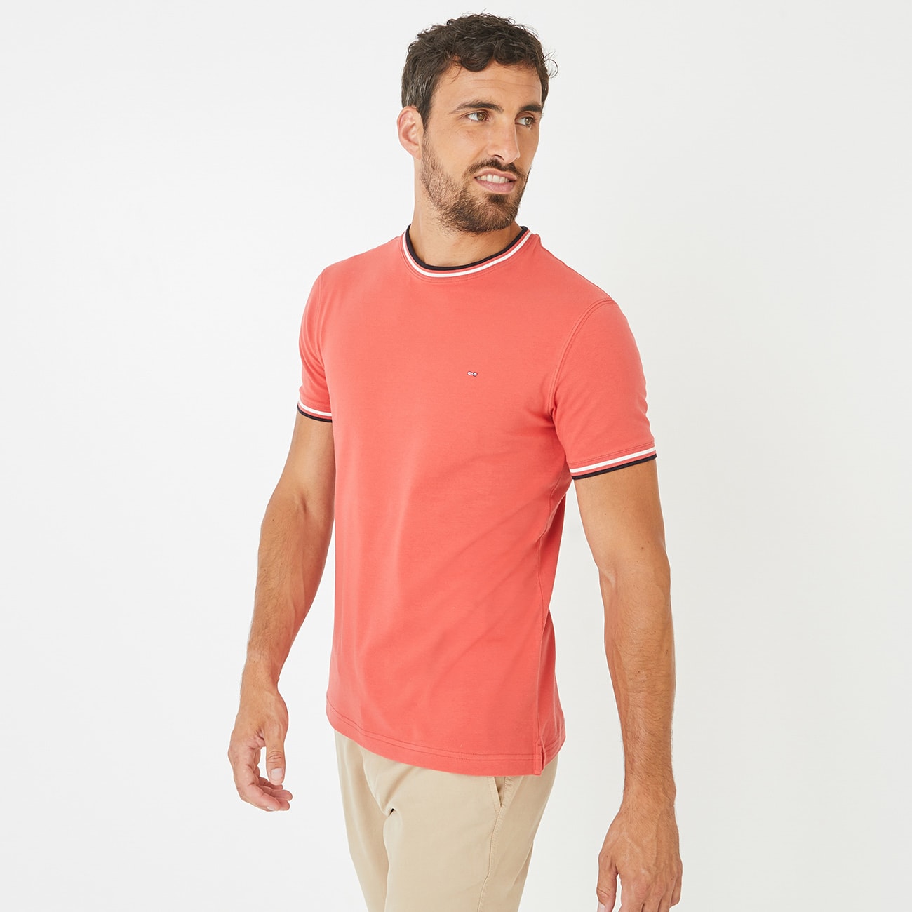 T-shirt orange en coton stretch à détails bicolores